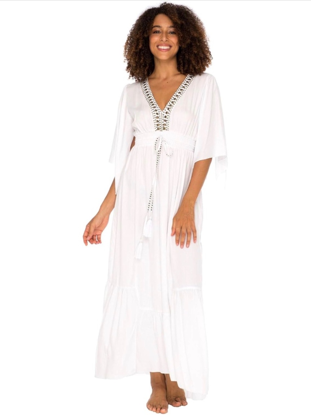 NWOT Back From Bali White Boho Maxi Dress Beaded V Neck Empire Waist Medium
